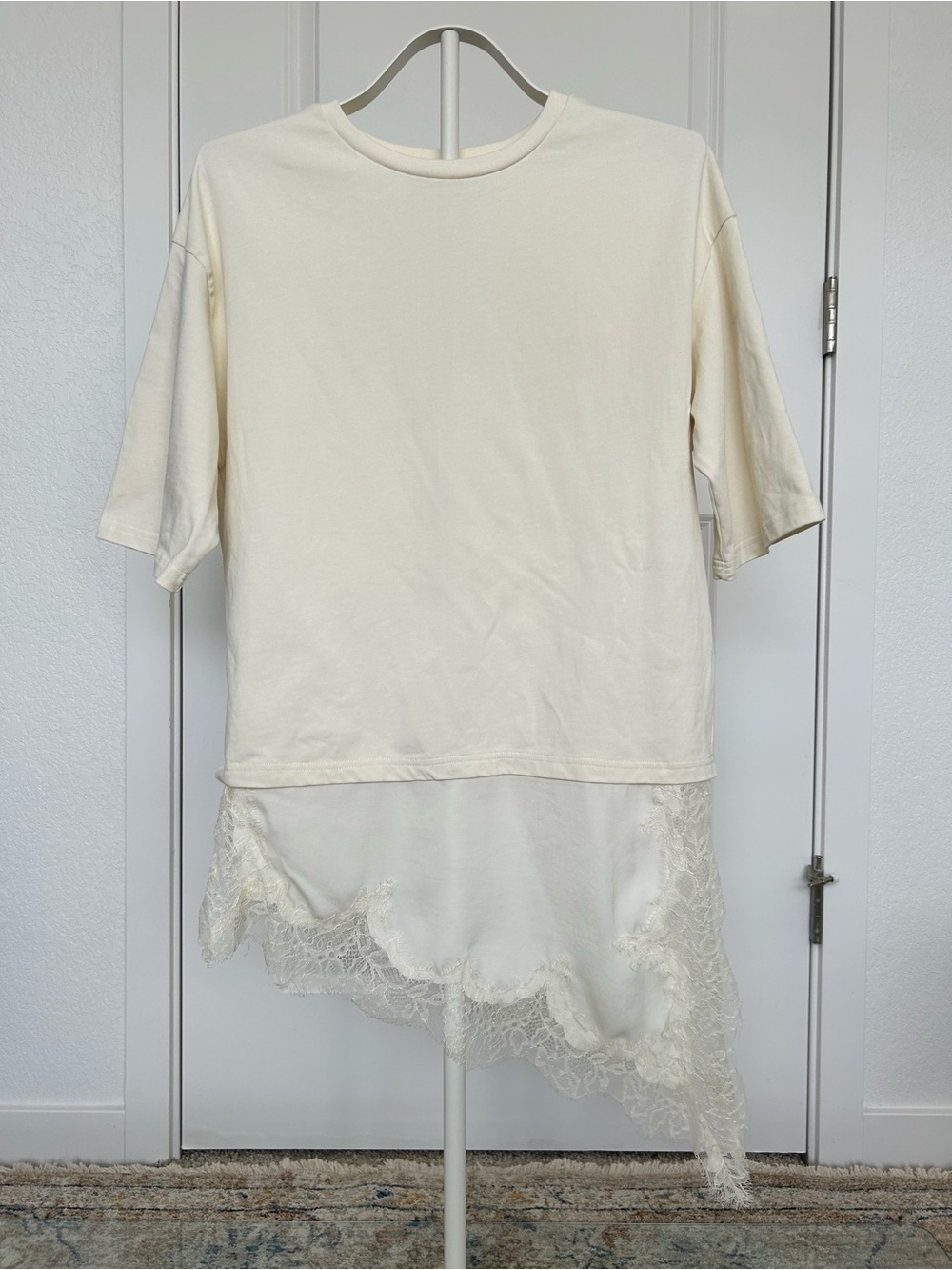 Zara Cream Short Sleeve Tee with Lace Hem